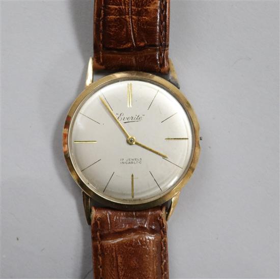 A 9ct gold Everite watch, lacking crown.